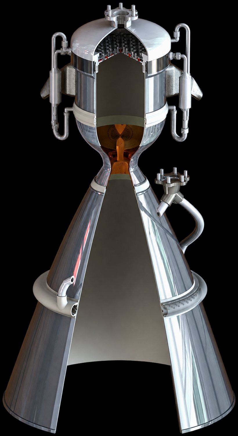 Generated liquid rocket engine in section, exposing the injector face, turbine and combustion chamber above a regeneratively cooled bell nozzle.